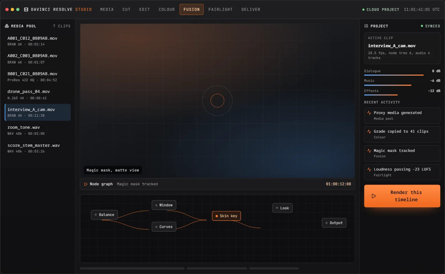 Compositing and cleanup in the same project in the DaVinci Resolve online studio