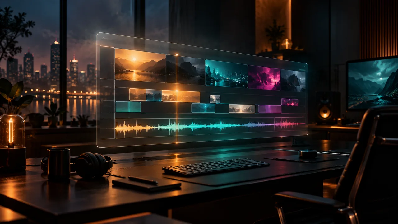 Multi-track timeline in a translucent browser window above a dark editing desk
