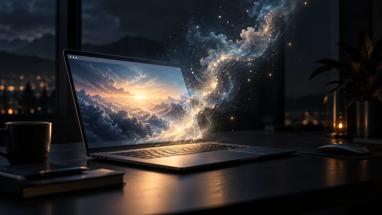 A slim laptop glowing on a dark desk with a luminous browser window