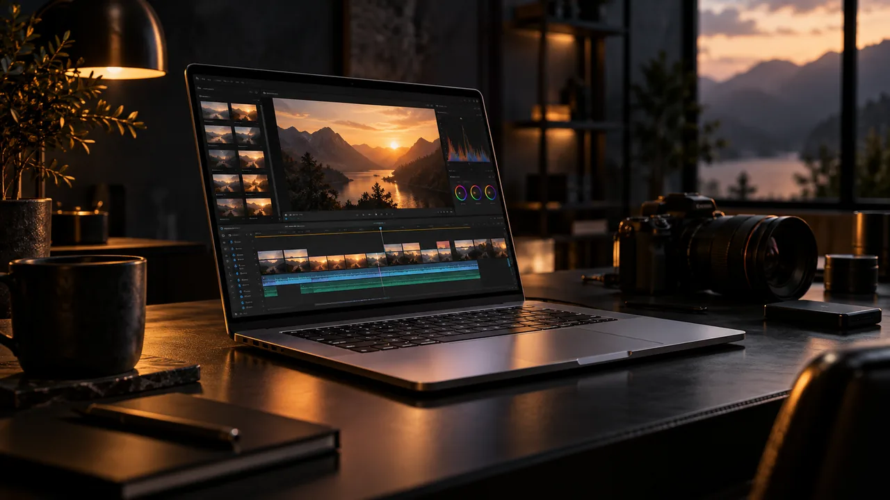 A slim silver laptop open on a dark desk, its screen glowing with a warm editing timeline, soft reflections on brushed metal