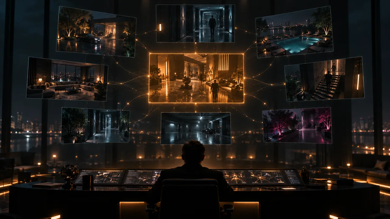 A grid of camera angles floating above a dark control room, one angle highlighted in amber