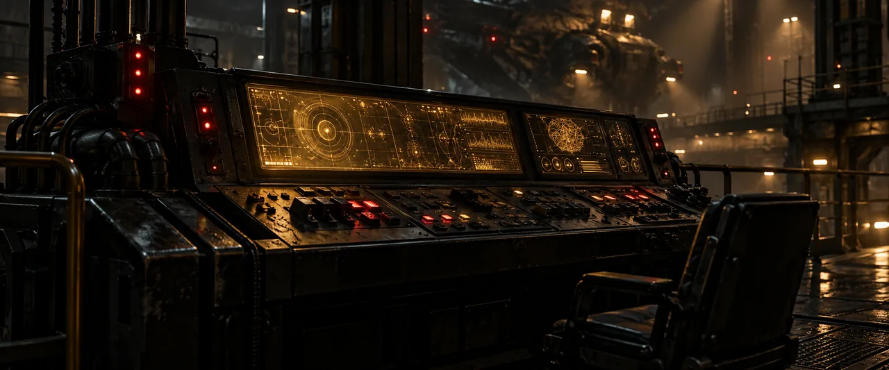 A wide diagnostic console glowing in soft amber in a dark room, a cluster of small warning lights pulsing on its surface