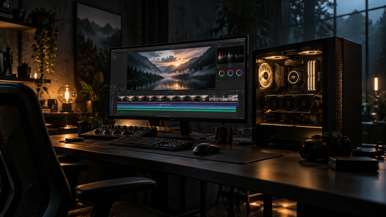 A matte black desktop tower glowing softly from within beside a monitor showing a luminous editing timeline in a dark studio