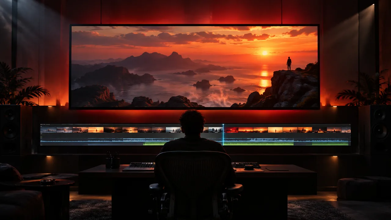 A wide luminous video frame above a long timeline in a dark studio
